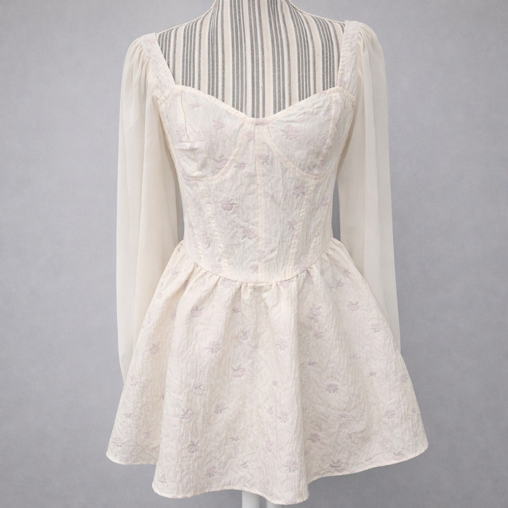 Cider Floral‎ Jacquard White Corset Mini Dress Chiffon Puff Sleeve Sm Hoco Rush